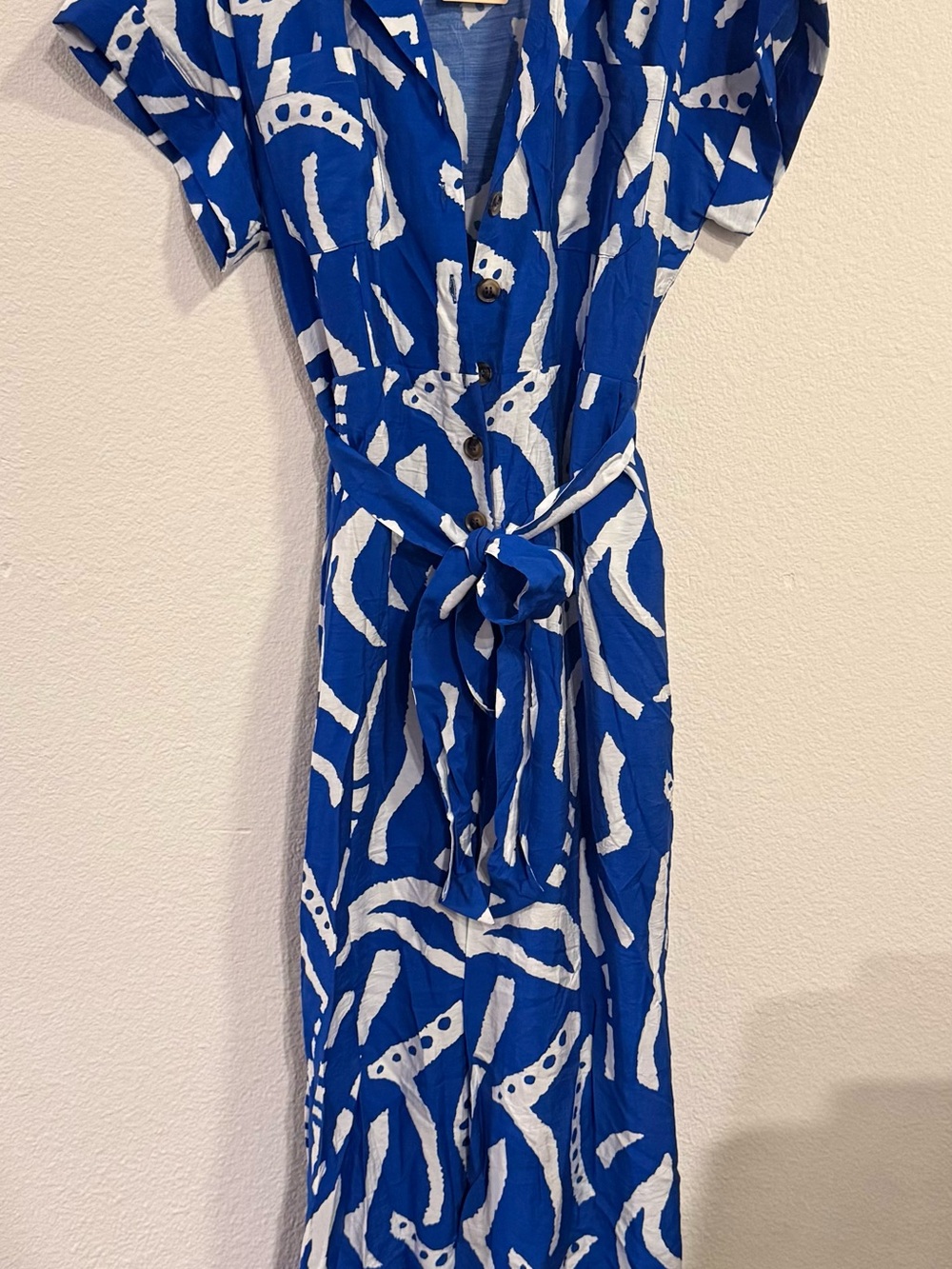 Entro Blue and White Abstract Print Wide Leg Romper/Jumpsuit with Tie Waist